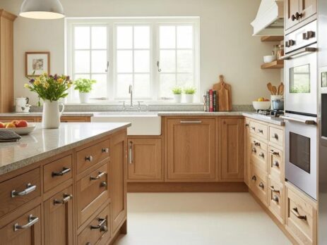 Wood and metal kitchen handles displayed in a bright, inviting kitchen setting