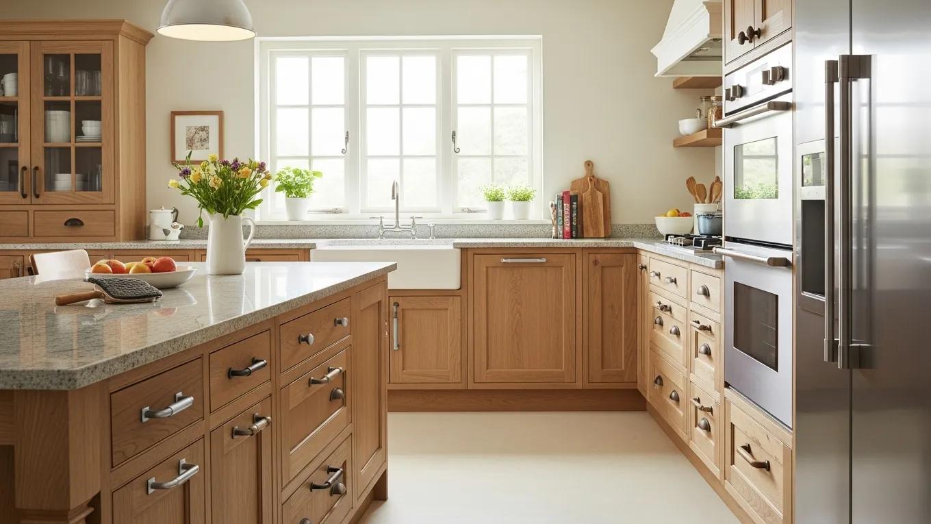 Wood and metal kitchen handles displayed in a bright, inviting kitchen setting