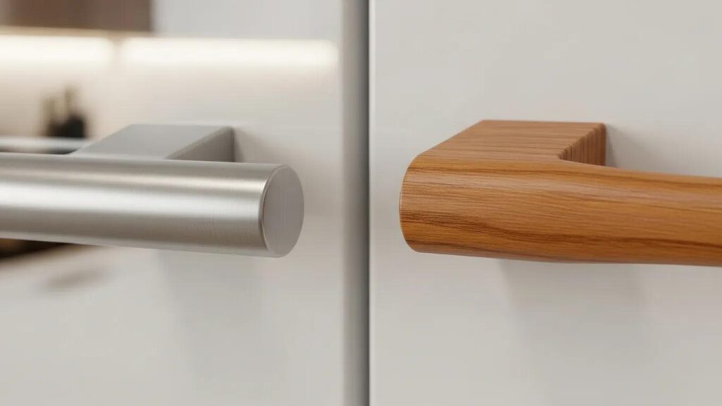 Close-up of stainless steel and wooden kitchen handles highlighting durability and design