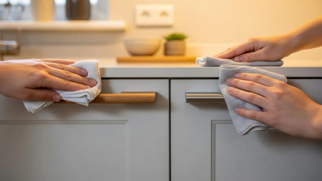 Person cleaning wooden and metal kitchen handles demonstrating maintenance techniques