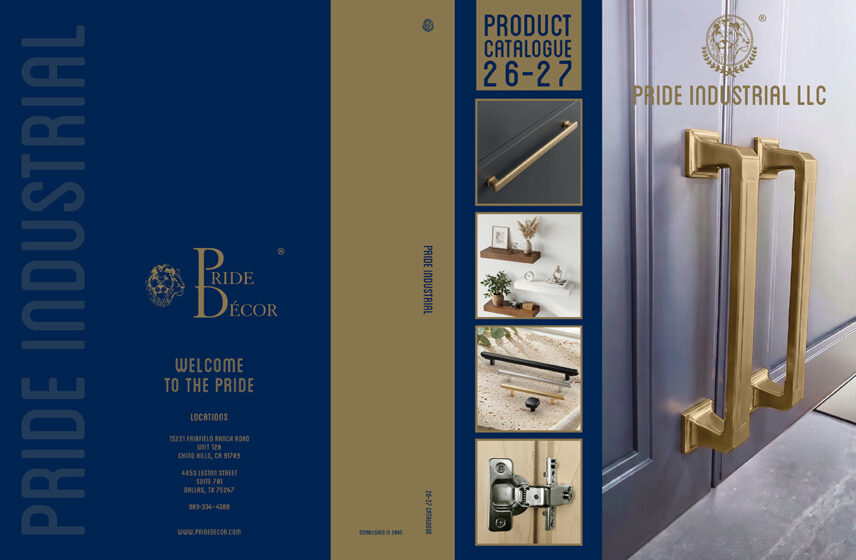 Product catalog cover for Pride Industrial LLC featuring decorative hardware, including handles and fixtures, with